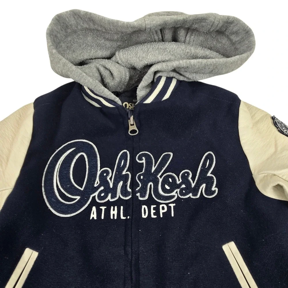 OshKosh Bgosh Boys 2T Varsity Jacket Navy Blue Faux Leather Sleeve Hooded Zip Up
